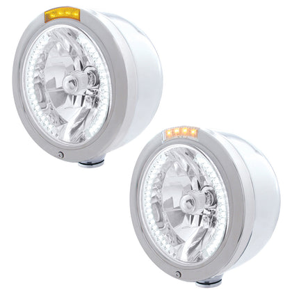 United Pacific - Stainless Steel Bullet Half Moon Headlight H4 With White LED & Signal (Amber or Clear Lens)