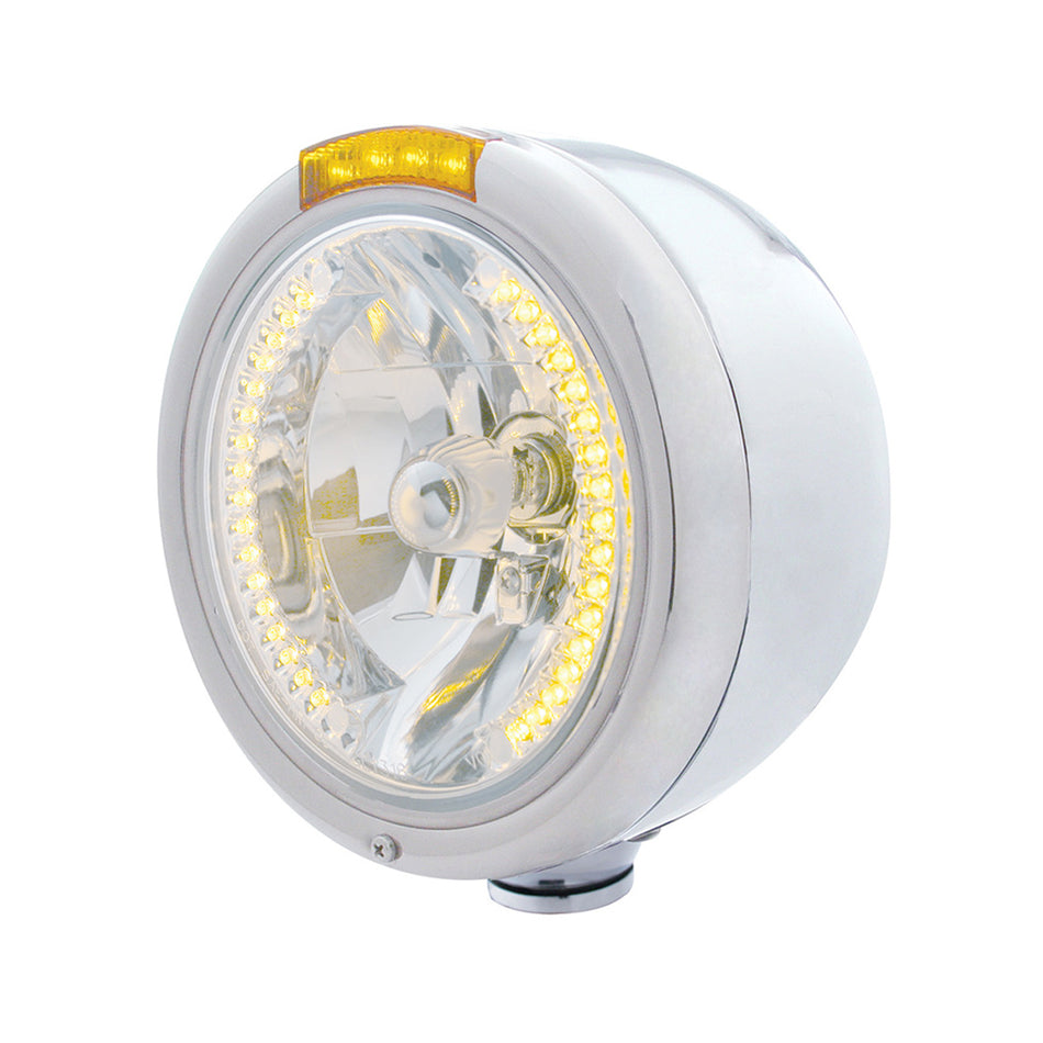United Pacific - Stainless Steel Classic Half Moon Headlight H4 w Amber LEDs & Signal (Amber or Clear Lens)