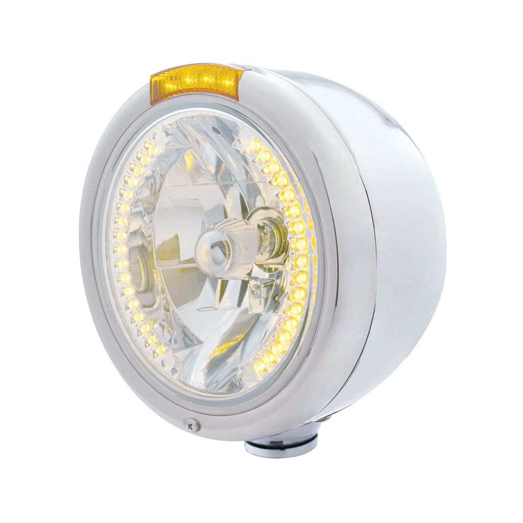 United Pacific - Stainless Steel Classic Half Moon Headlight H4 w Amber LEDs & Signal (Amber or Clear Lens)
