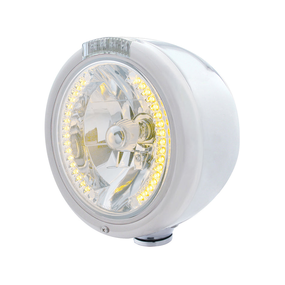United Pacific - Stainless Steel Classic Half Moon Headlight H4 w Amber LEDs & Signal (Amber or Clear Lens)