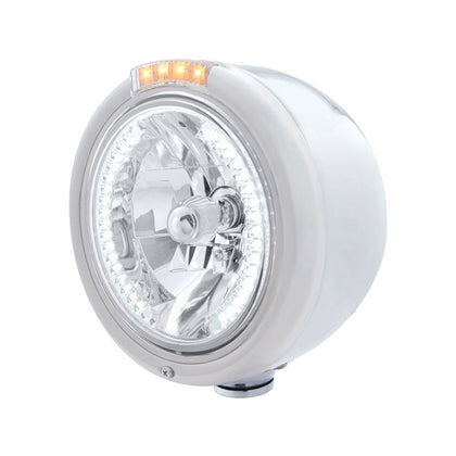 Stainless Steel Classic Half Moon Headlight H4 With White LED & Dual Mode LED Signal (Clear Lens)