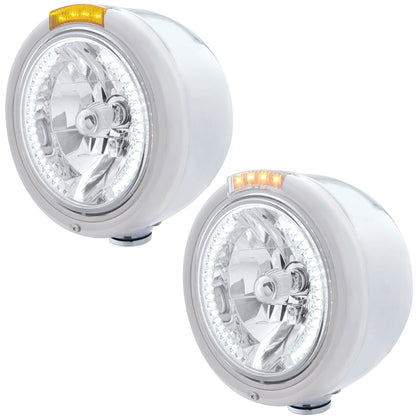 Stainless Steel Classic Half Moon Headlight H4 With White LED & Signal (Amber or Clear Lens)
