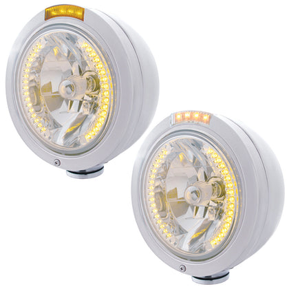 Stainless Steel Bullet Classic Headlight H4 With Amber LED & Signal (Amber or Clear Lens)