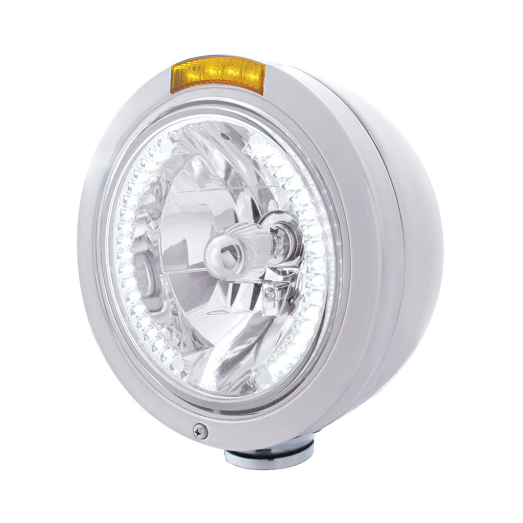 Stainless Steel Bullet Classic Headlight H4 With White LED & Dual Mode LED Signal (Amber or Clear Lens)