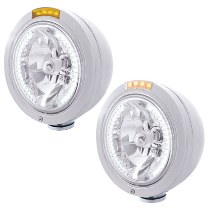Stainless Steel Bullet Classic Headlight H4 With White LED & Dual Mode LED Signal (Amber or Clear Lens)