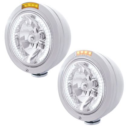 United Pacific - Stainless Steel Bullet Classic Headlight H4 With White LED & Signal (Amber or Clear Lens)