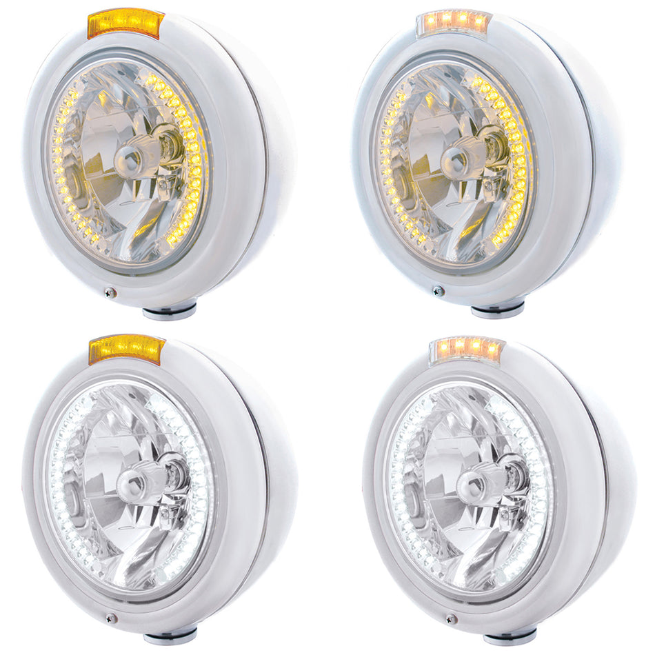 Stainless Steel Classic Headlight H4 With 34 Amber or White LED & Signal (Amber or Clear Lens)