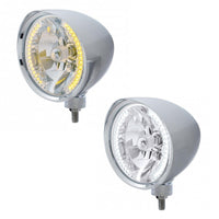 United Pacific - Chrome "Chopper" Headlight With Smooth Visor H4 Bulb With 34 Amber or White LEDs
