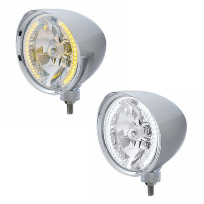 United Pacific - Chrome "Chopper" Headlight With Smooth Visor H4 Bulb With 34 Amber or White LEDs