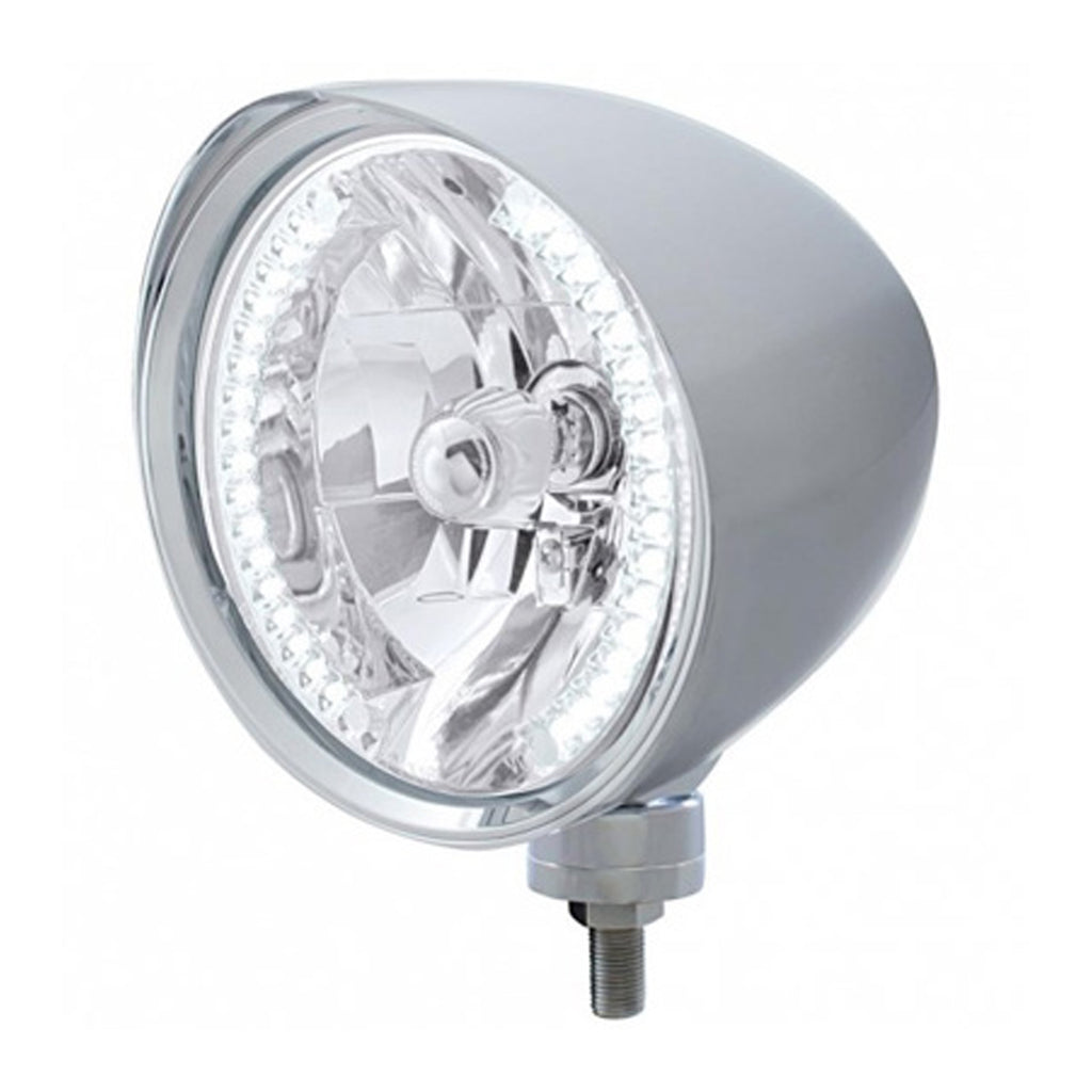 United Pacific - Chrome "Chopper" Headlight With Smooth Visor H4 Bulb With 34 White LED