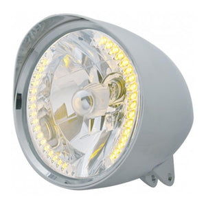 Motorcycle Chrome "Chopper" Headlight With Smooth Visor H4 Bulb With 34 Amber or White LEDs