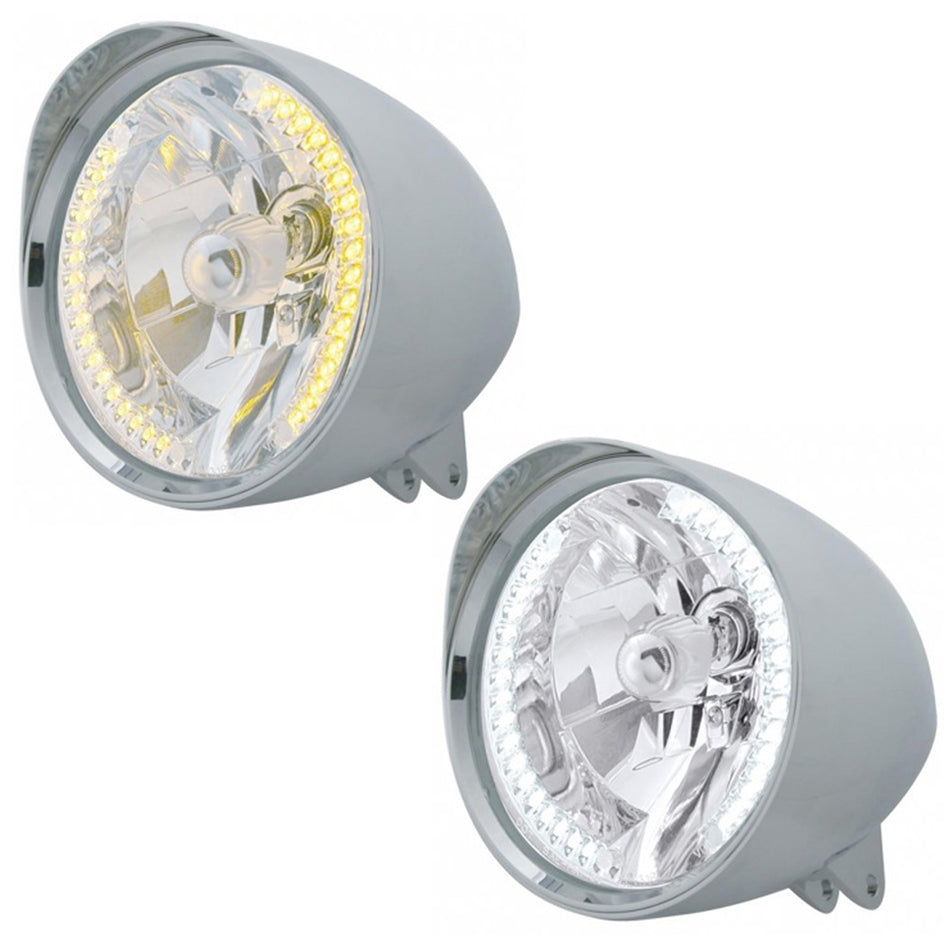 Motorcycle Chrome "Chopper" Headlight With Smooth Visor H4 Bulb With 34 Amber or White LEDs