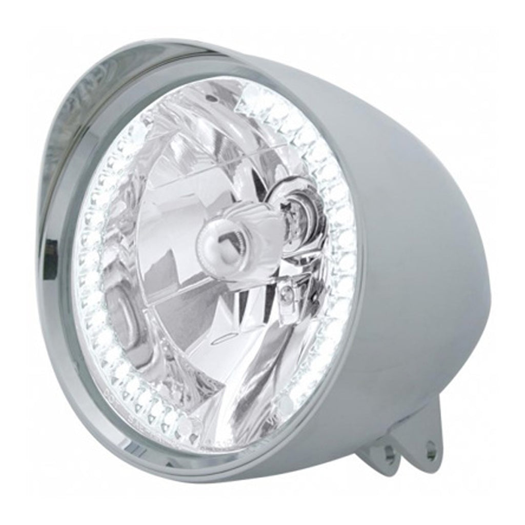 United Pacific - Motorcycle Chrome "Chopper" Headlight With Smooth Visor H4 Bulb With 34 White LEDs