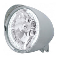 Motorcycle Chrome "Chopper" Headlight With Smooth Visor H4 Bulb With 34 Amber or White LEDs
