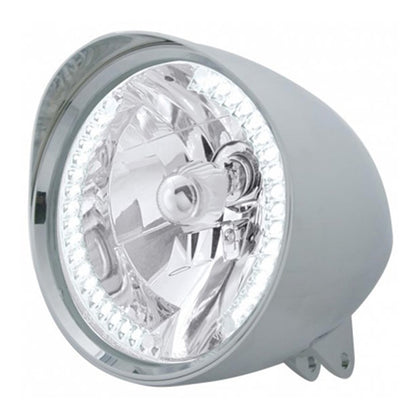 United Pacific - Motorcycle Chrome "Chopper" Headlight With Smooth Visor H4 Bulb With 34 White LEDs