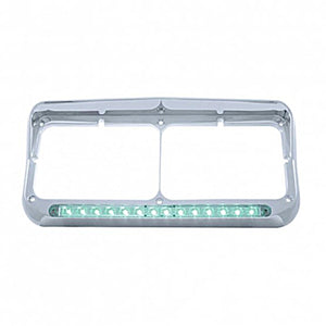 United Pacific - 14 LED Chrome Rectangular Dual Headlight Bezel With Visor (Red or Green LED/Clear Lens)