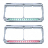 United Pacific - 14 LED Chrome Rectangular Dual Headlight Bezel With Visor (Red or Green LED/Clear Lens)