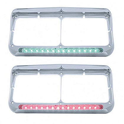 United Pacific - 14 LED Chrome Rectangular Dual Headlight Bezel With Visor (Red or Green LED/Clear Lens)