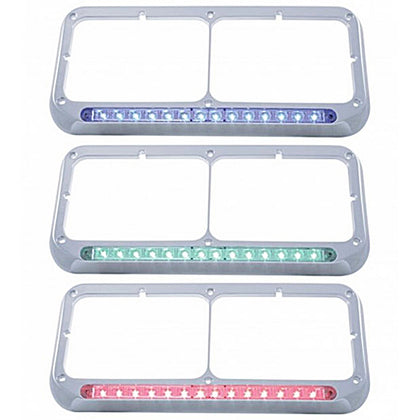 United Pacific - 14 LED Chrome Rectangular Dual Headlight Bezel (Blue, Green or Red LED/Clear Lens)