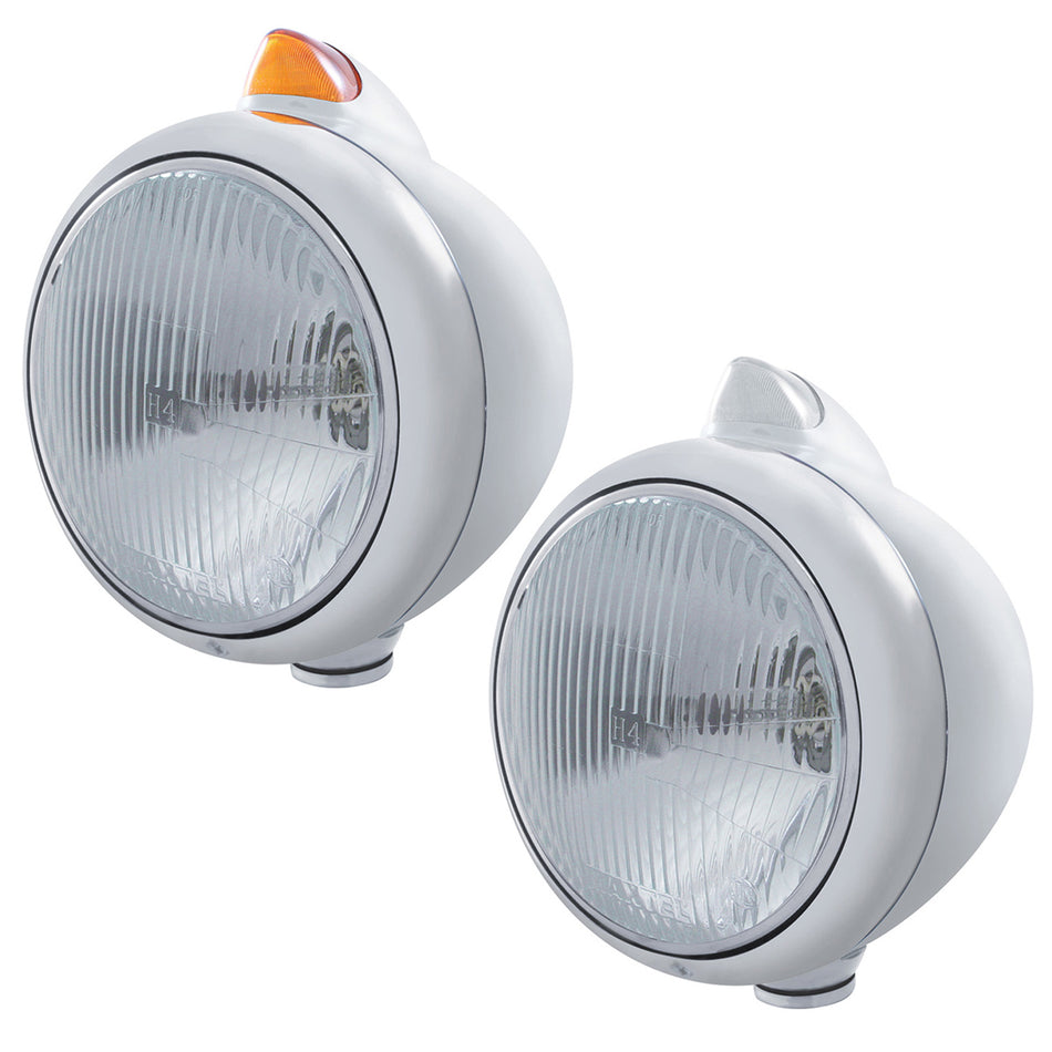 Stainless Steel Guide 682-C Headlight H4 & Original Style LED Signal (Amber LEDs/Amber or Clear Lens)
