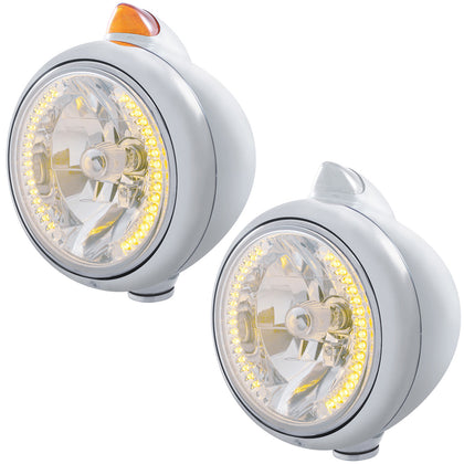 Stainless Steel 682-C Headlight H4 w Amber LED & Original Style LED Signal (Amber or Clear Lens)
