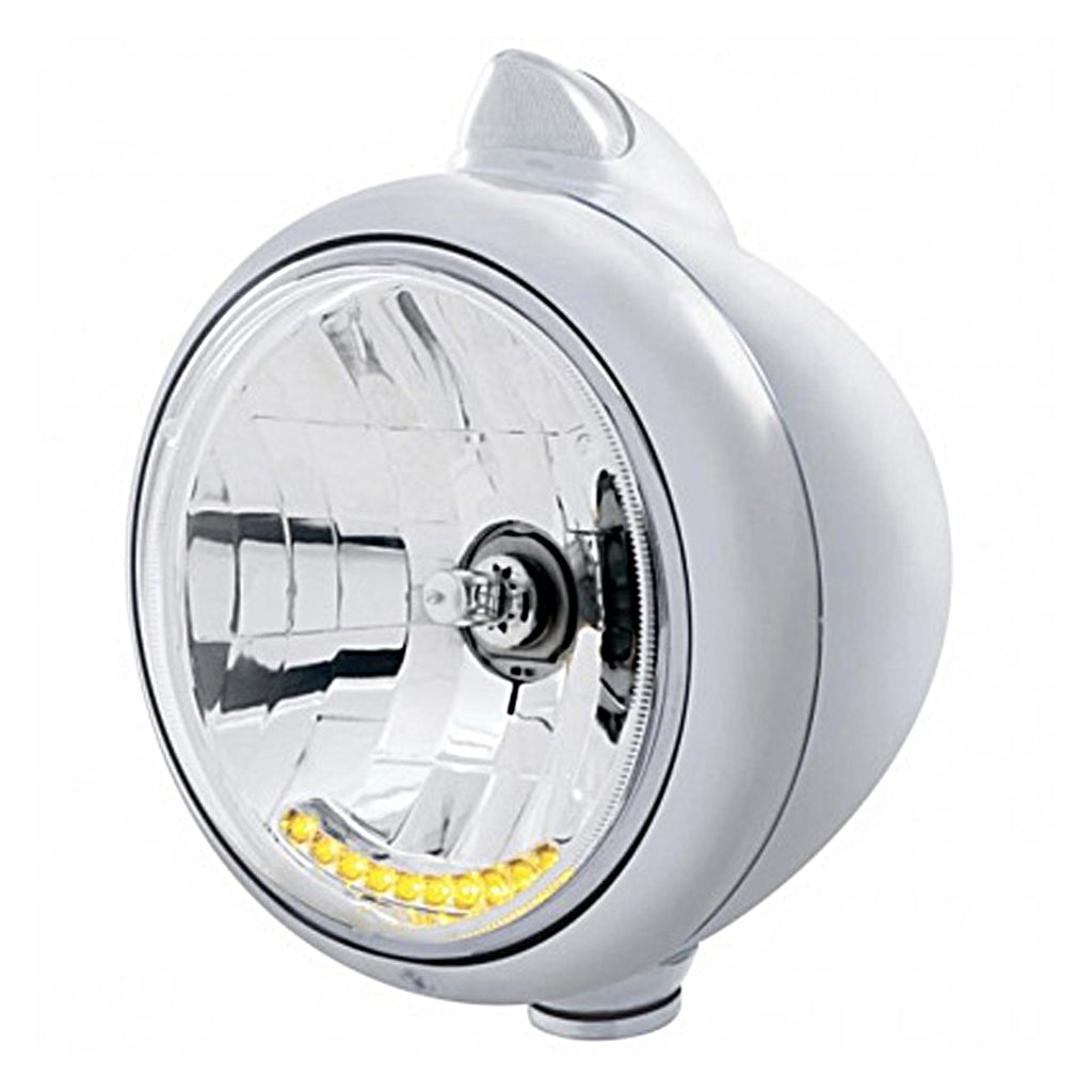 Stainless Steel Guide 682-C Headlight H4 With 10 Amber LED & Original Style LED Signal (Clear Lens)
