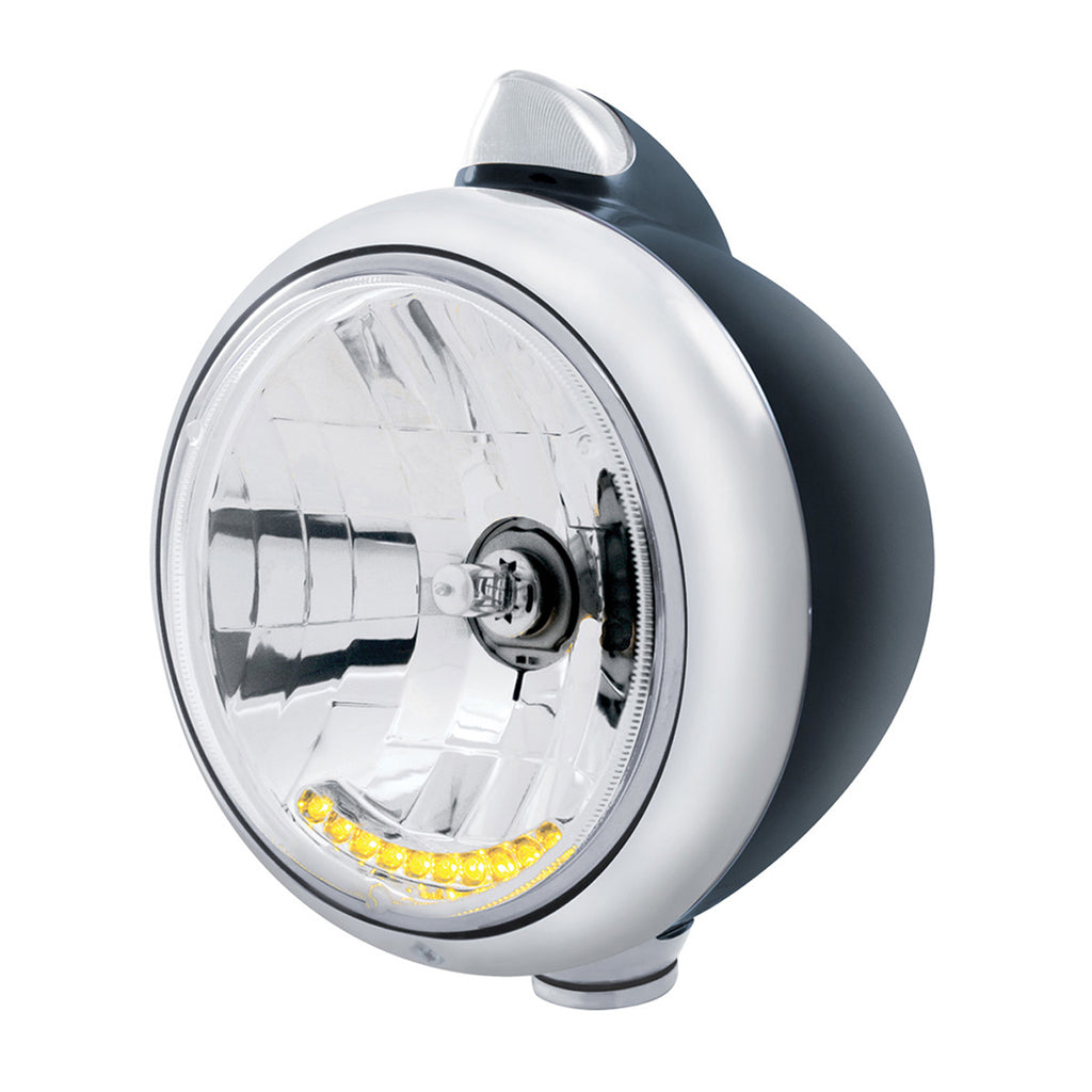 Black Guide 682-C Headlight H4 With 10 Amber LED & Original Style LED Signal (Clear Lens)