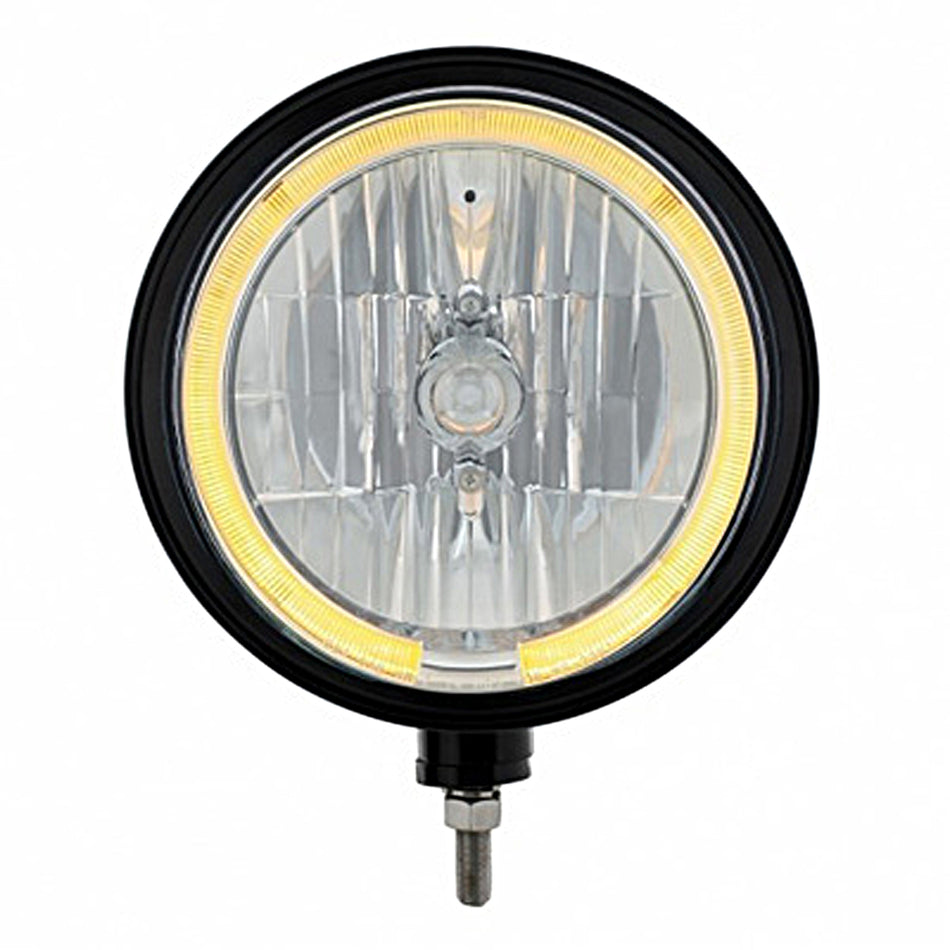 Black "Billet" Style Groove Headlight 9007 Bulb With Amber or White LED Halo Rim