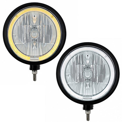 Black "Billet" Style Groove Headlight 9007 Bulb With Amber or White LED Halo Rim