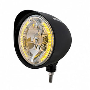 Black "Billet" Style Groove Headlight With Visor H4 Bulb With 34 Amber or Clear LED