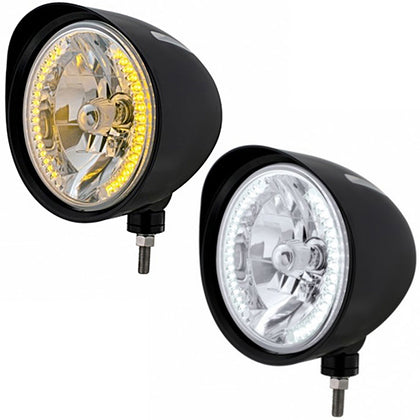 Black "Billet" Style Groove Headlight With Visor H4 Bulb With 34 Amber or Clear LED