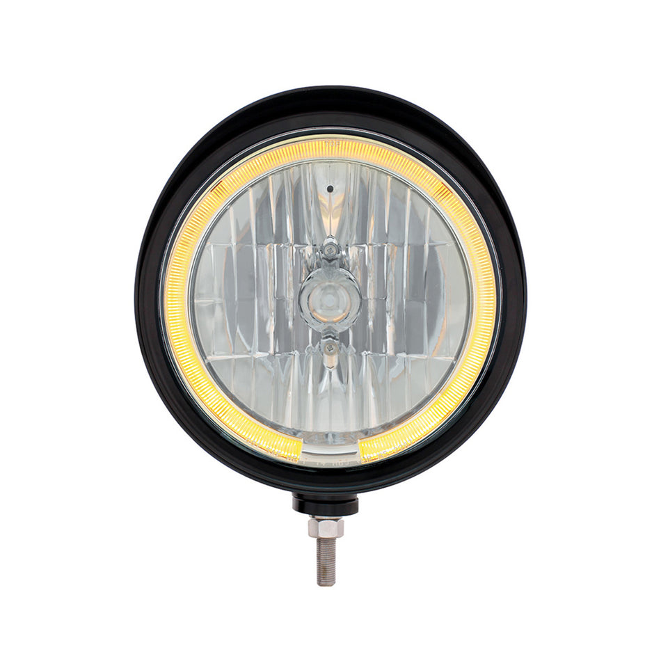 Black "Billet" Style Groove Headlight With Visor 9007 Bulb With Amber or White LED Halo Rim