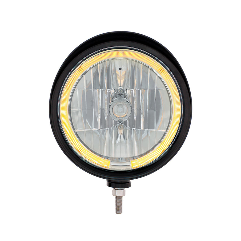 Black "Billet" Style Groove Headlight With Visor 9007 Bulb With Amber or White LED Halo Rim