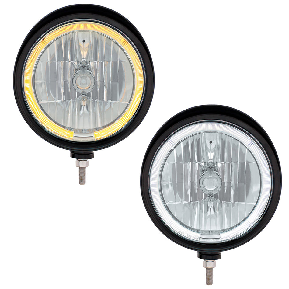 Black "Billet" Style Groove Headlight With Visor 9007 Bulb With Amber or White LED Halo Rim