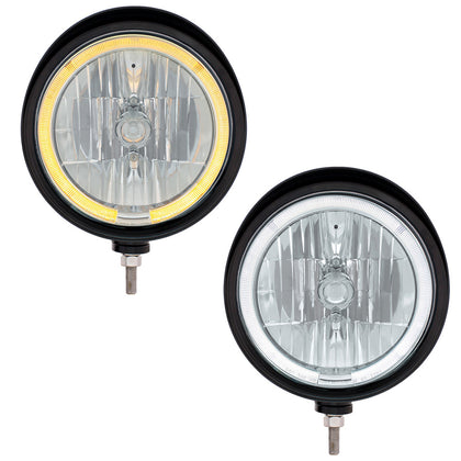 Black "Billet" Style Groove Headlight With Visor 9007 Bulb With Amber or White LED Halo Rim