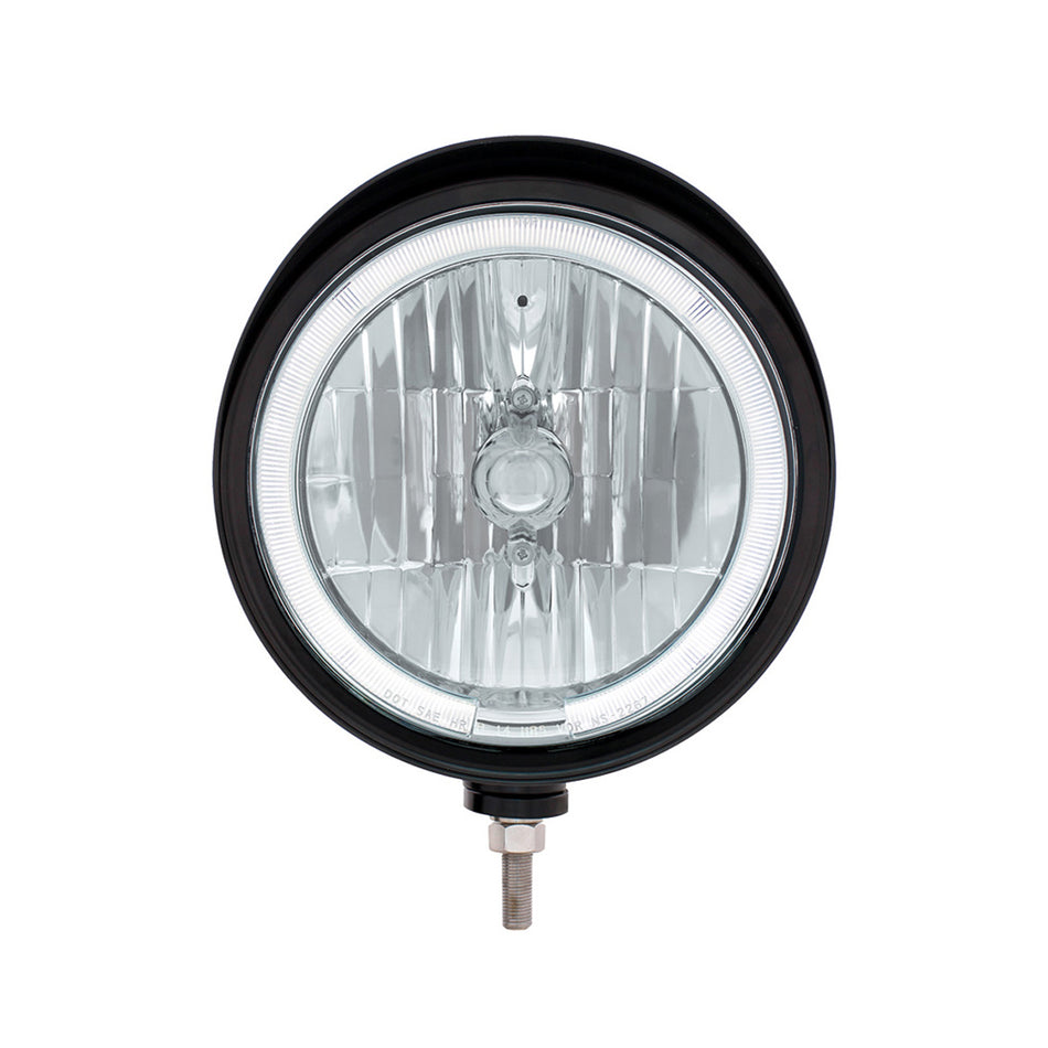 Black "Billet" Style Groove Headlight With Visor 9007 Bulb With Amber or White LED Halo Rim