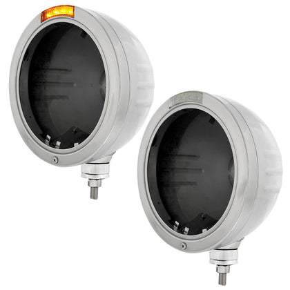 Stainless Steel Bullet Embossed Stripe Headlight No Bulb With LED Signal (Amber or Clear Lens)