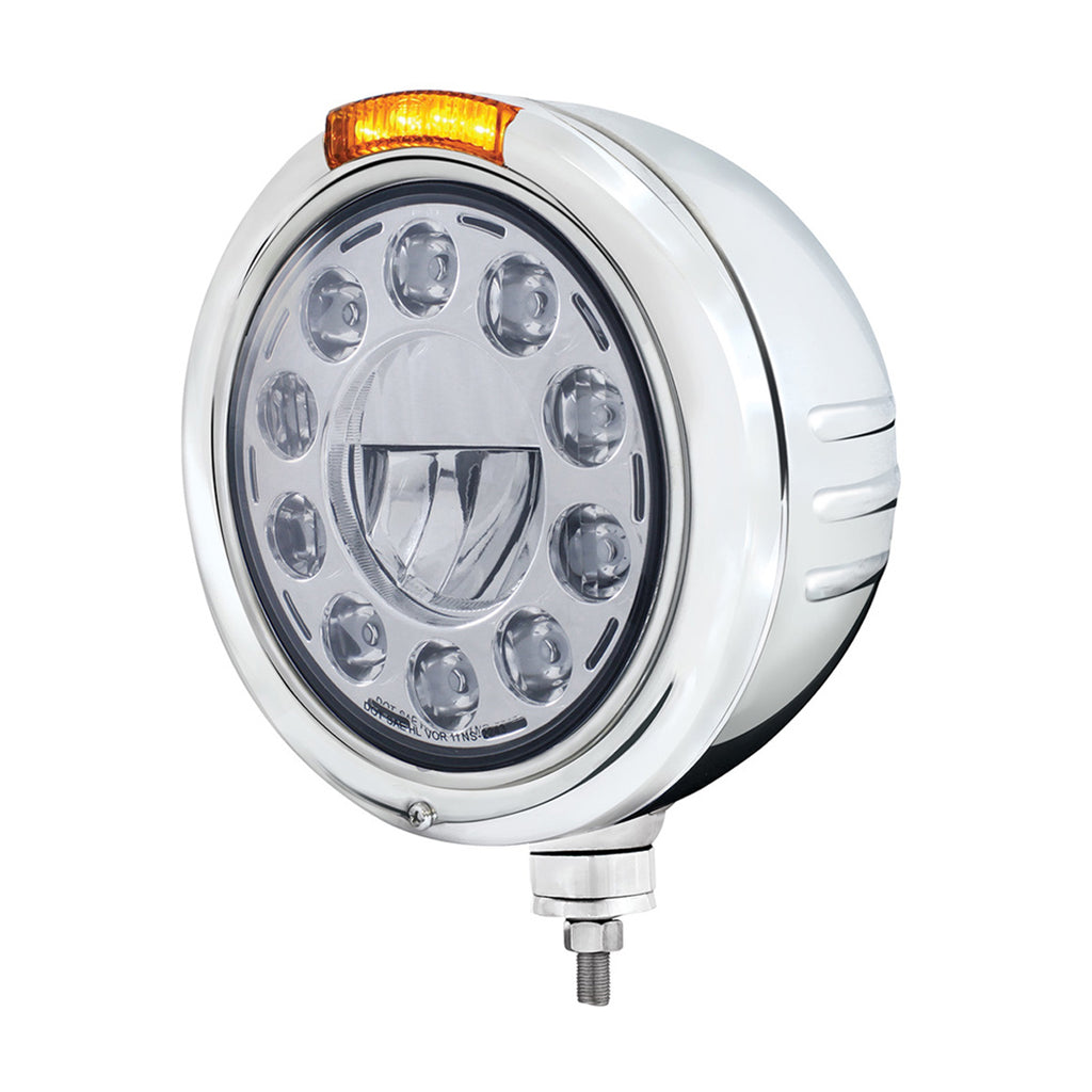Stainless Steel Classic Embossed Stripe Headlight 11 LED Bulb & Dual Mode Amber LED Signal (Amber or Clear Lens)