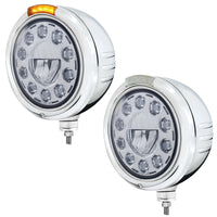 Stainless Steel Classic Embossed Stripe Headlight 11 LED Bulb & Dual Mode Amber LED Signal (Amber or Clear Lens)