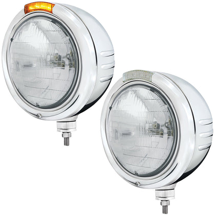 Stainless Steel Classic Embossed Stripe Headlight H6024 & Dual Mode Amber LED Signal (Amber or Clear Lens)