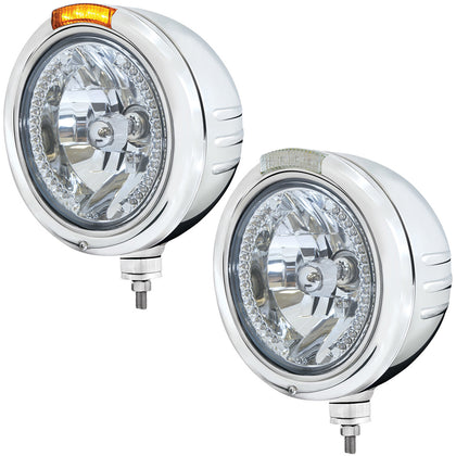 Stainless Steel Classic Embossed Stripe Headlight H4 With White LED & Dual Mode LED Signal (Amber or Clear Lens)