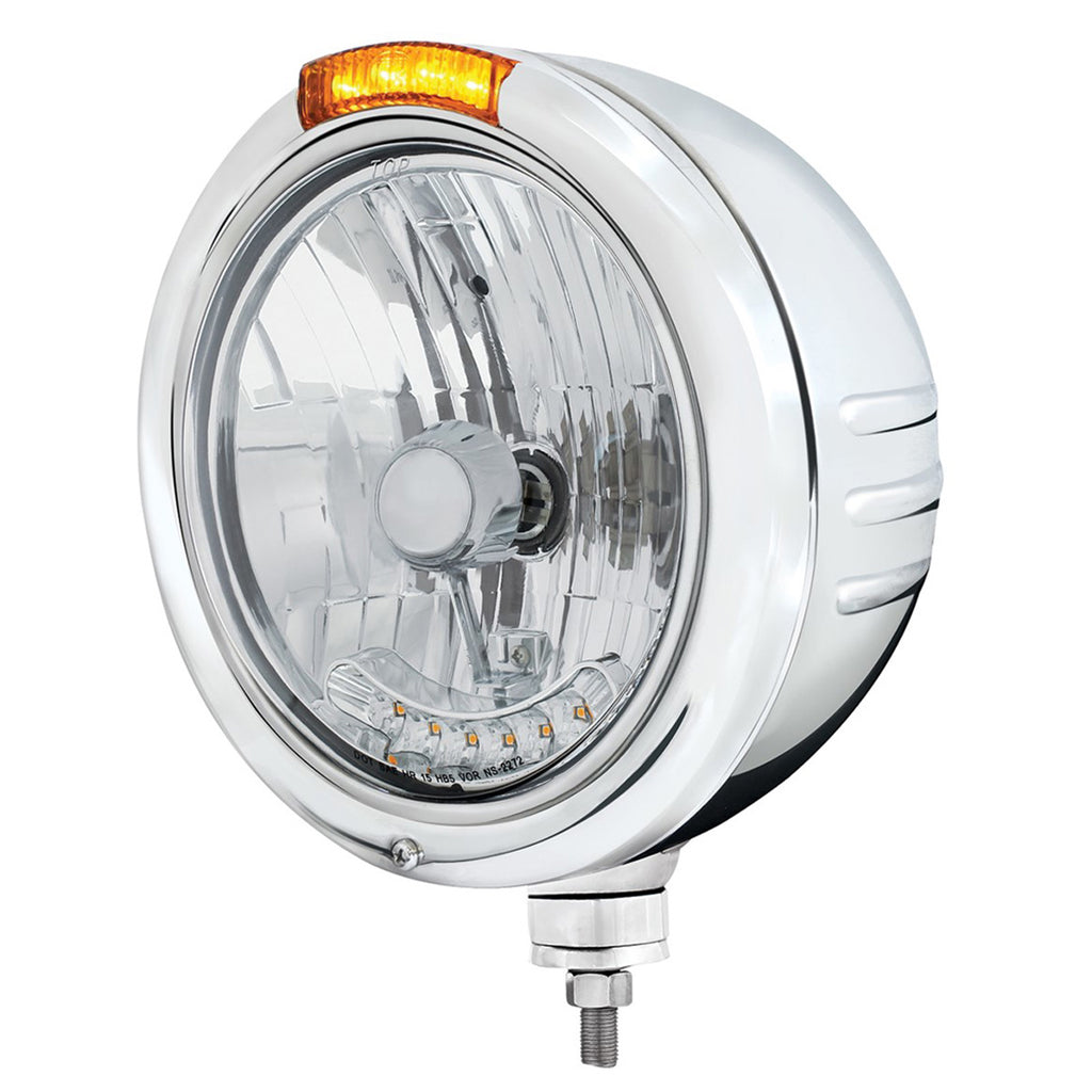 Stainless Steel Classic Embossed Stripe Headlight H4 With 6 Amber LED & Dual Mode LED Signal (Amber or Clear Lens)