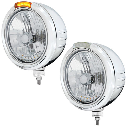 Stainless Steel Classic Embossed Stripe Headlight H4 With 6 Amber LED & Dual Mode LED Signal (Amber or Clear Lens)