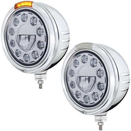 Stainless Steel Bullet Embossed Stripe Headlight 11 LED Bulb & Dual Mode LED Signal (Amber or Clear Lens)