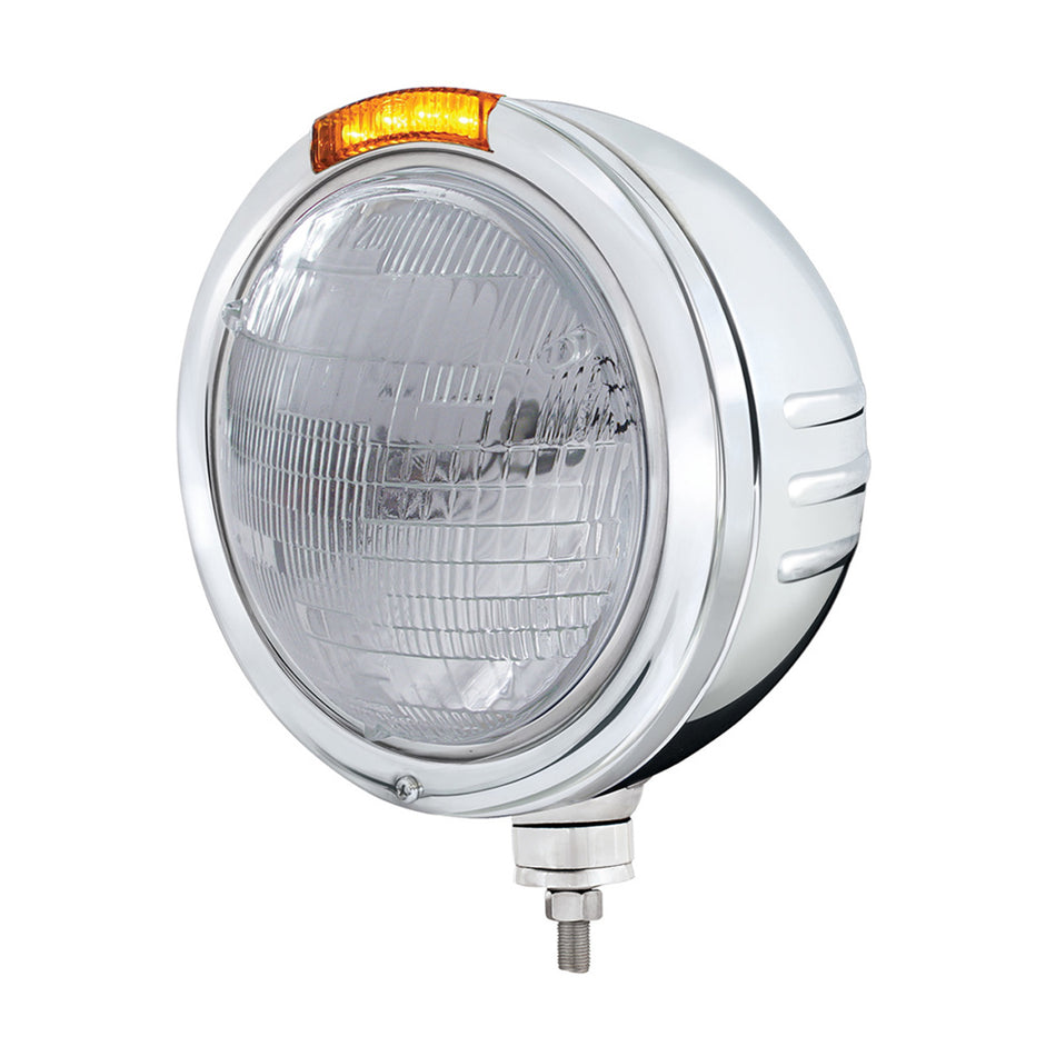 Stainless Steel Bullet Embossed Stripe Headlight 6014 & Dual Mode LED Signal (Amber or Clear Lens)