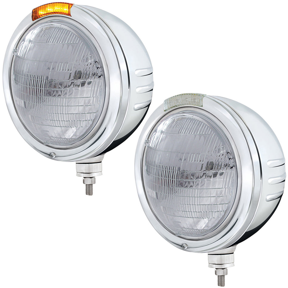 Stainless Steel Bullet Embossed Stripe Headlight 6014 & Dual Mode LED Signal (Amber or Clear Lens)