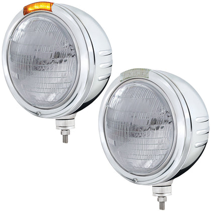 Stainless Steel Bullet Embossed Stripe Headlight 6014 & Dual Mode LED Signal (Amber or Clear Lens)