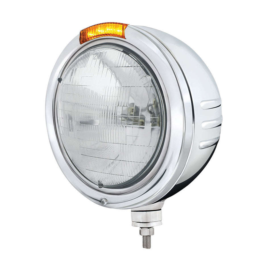 Stainless Steel Bullet Embossed Stripe Headlight H6024 & Dual Mode LED Signal (Amber or Clear Lens)