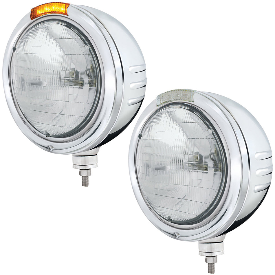 Stainless Steel Bullet Embossed Stripe Headlight H6024 & Dual Mode LED Signal (Amber or Clear Lens)