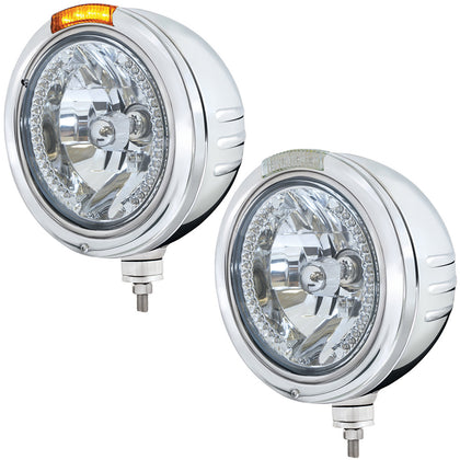 Stainless Steel Bullet Embossed Stripe Headlight H4 With Amber LED & Dual Mode LED Signal (Amber or Clear Lens)